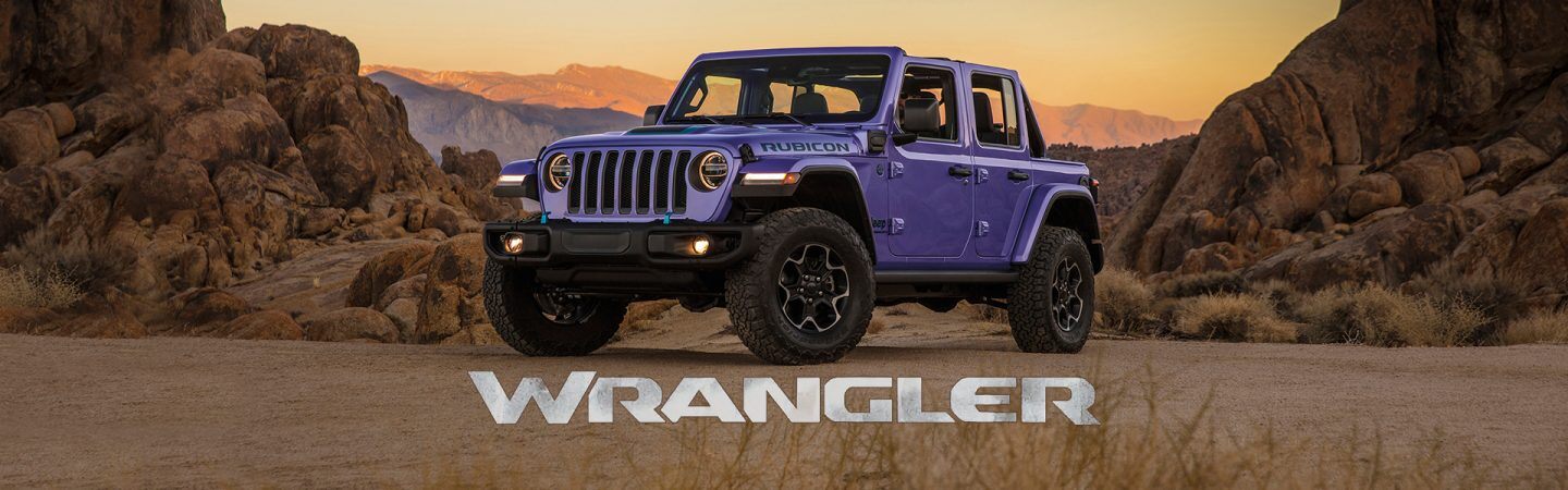 A three-quarters view of the 2023 Jeep Wrangler Rubicon in Reign color